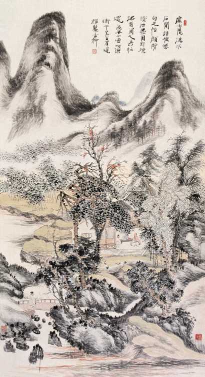 秦古柳 戊子（1948年）作 高士往返图 中堂